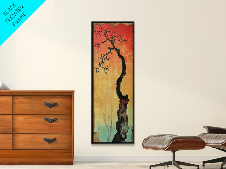 Lone Twisted Tree At Red Sunset Wall Art, Japanese Landscape Canvas Print, Moody Nature Decor, Minimalist Rustic Art For Cabin