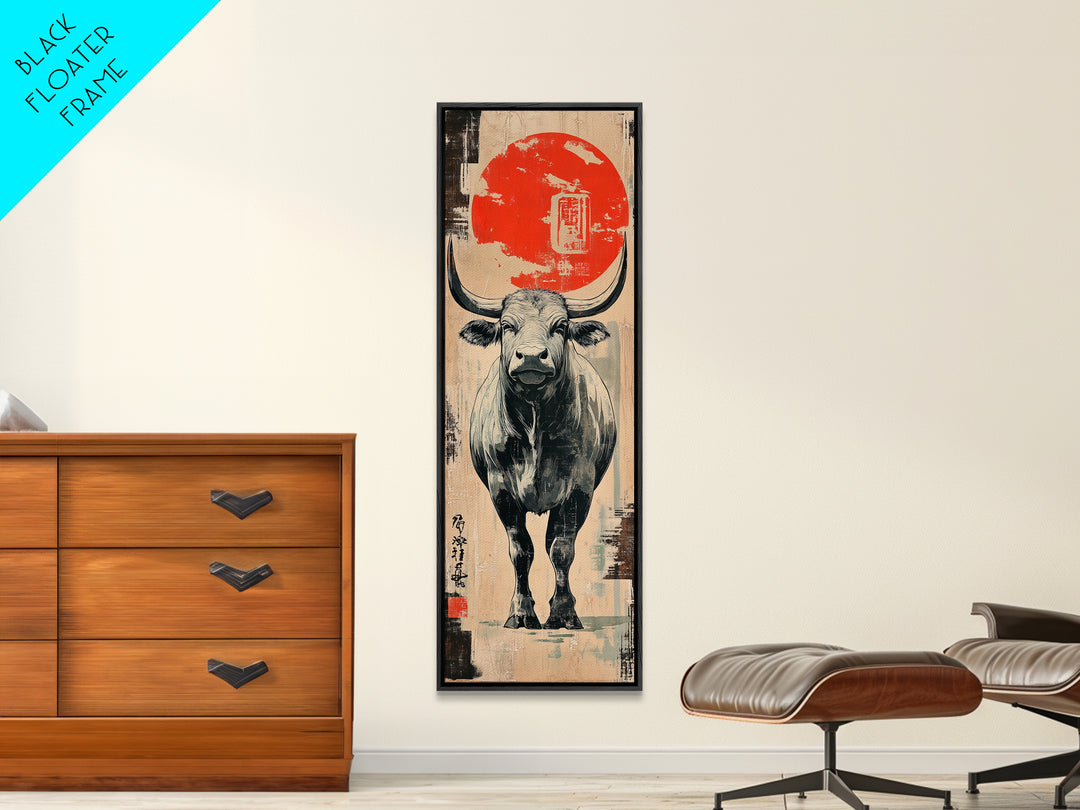 White Bull Beneath Rising Red Sun Wall Art, Japanese Animal Canvas Print, Rustic Farmhouse Decor, Bold Western Gift For Him