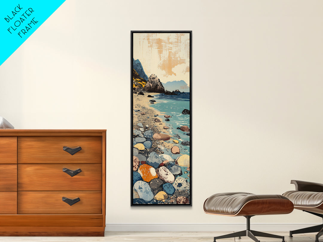 Rocky Pebble Beach Canvas Print, Coastal Cove Landscape Art, Ocean Wall Decor, Nautical Home Decor, Seaside Travel Poster