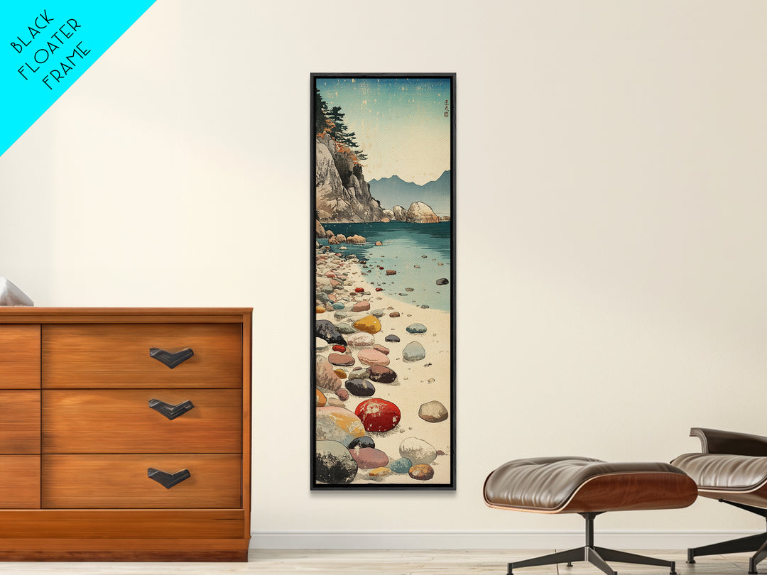 Turquoise Pebble Beach Wall Art, Coastal Mountain Cove Print, Ocean Landscape Decor, Nautical Canvas Print, Beach House Gift
