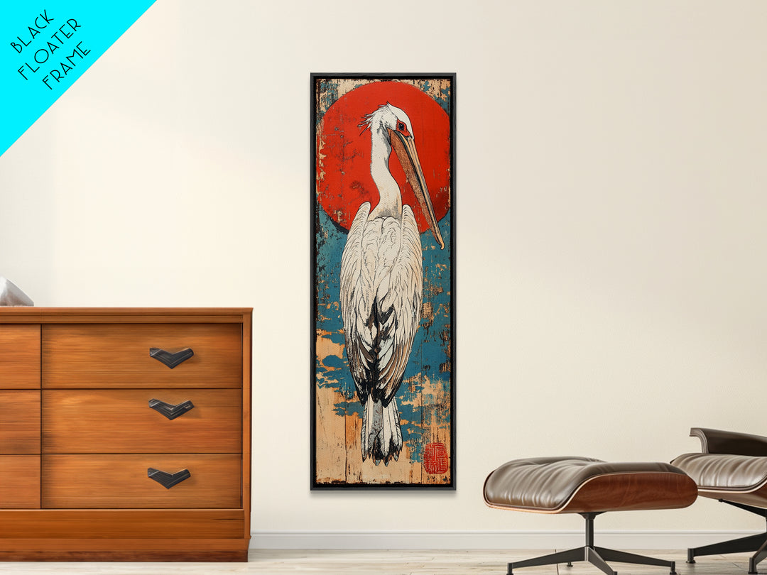 White Pelican Wall Art, Japanese Red Sun Bird Print, Coastal Wildlife Art, Asian Inspired Decor, Nautical Framed Canvas Print