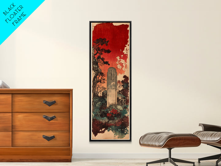 Ancient Stone Grave Under Crimson Sky Canvas Print, Gothic Japanese Wall Art, Dark Academia Decor, Moody Cemetery Artwork