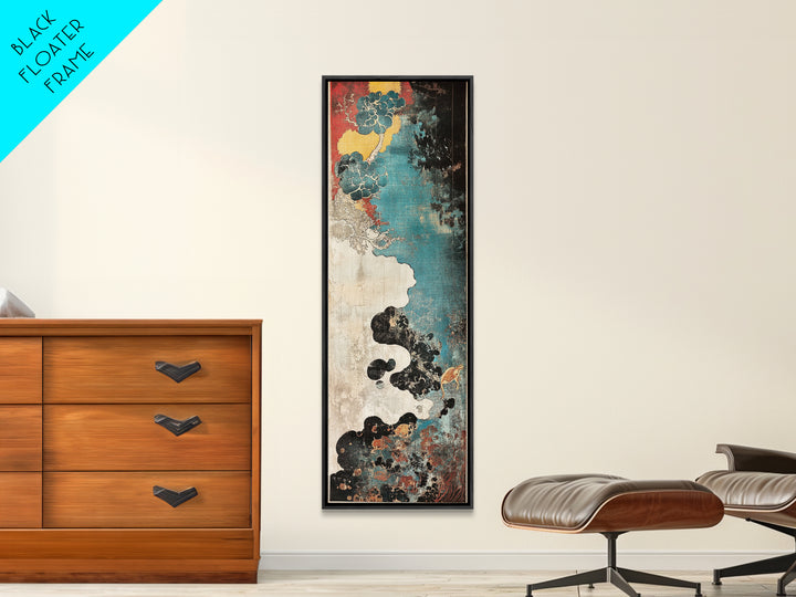 Turquoise Cloudscape With Red Moon Wall Art, Abstract Japanese Canvas Print, Moody Coastal Decor, Teal Black Statement Art