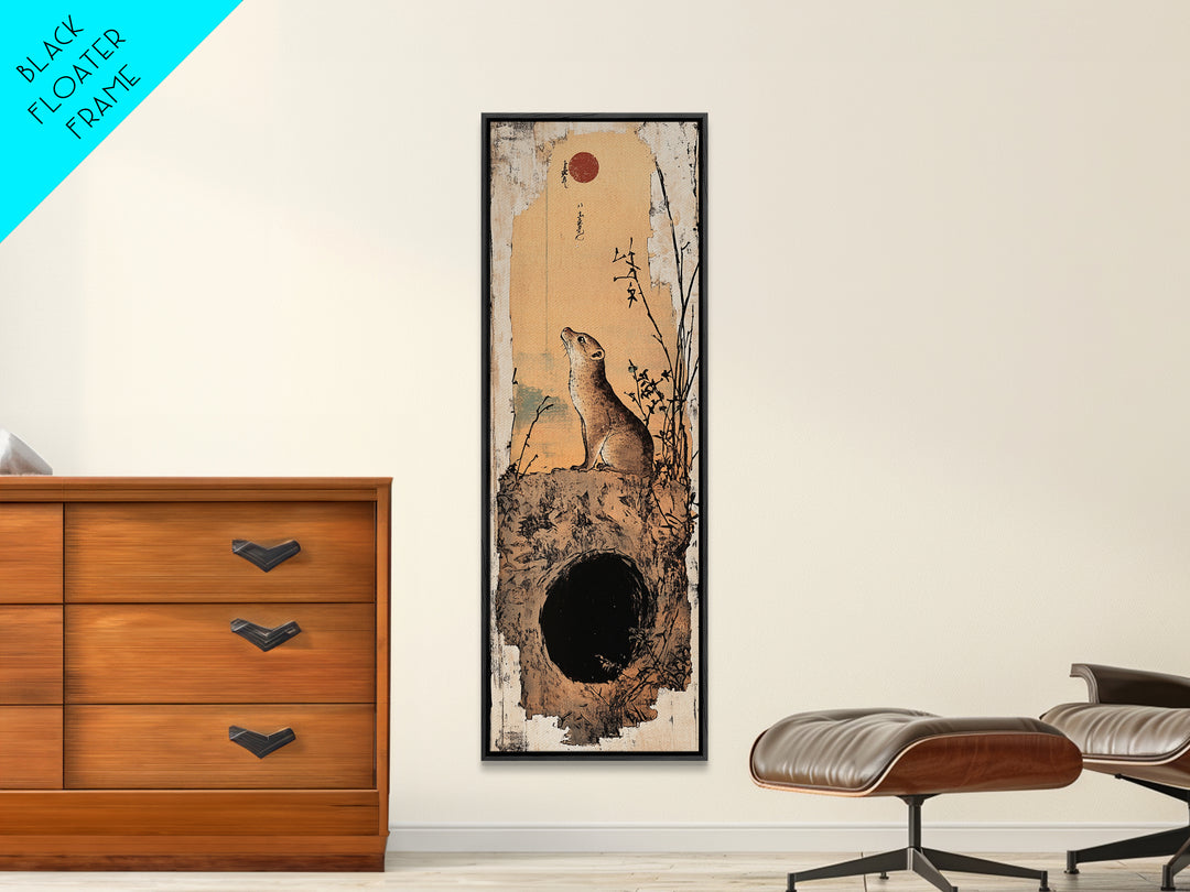 Prairie Dog At Burrow Under Red Moon Canvas Print, Whimsical Animal Wall Art, Japanese Nature Decor, Nursery Art Print, Kids Room Decor