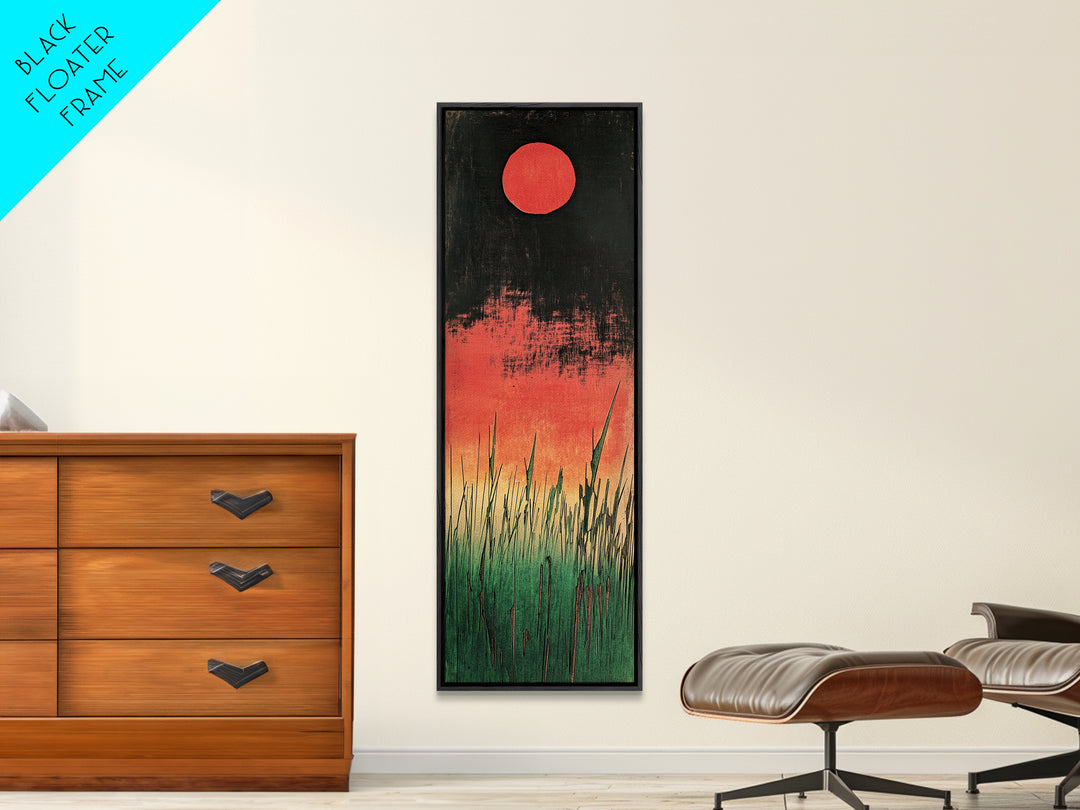 Red Sun Marsh Grass Canvas Print, Japanese Inspired Landscape, Moody Black And Green Wall Decor, Modern Nature Wall Art Print