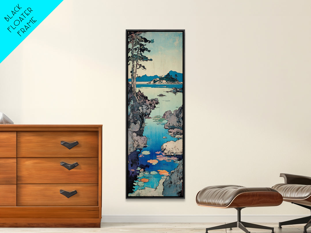 Rocky Coastal Cove Framed Canvas Print, Japanese Landscape Wall Art, Blue Ocean Decor, Serene Living Room Nature Art Print