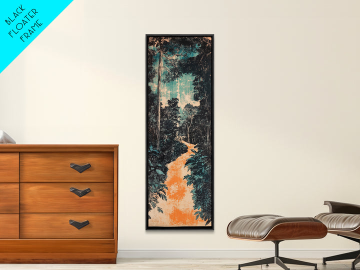 Teal Jungle Path At Dawn Wall Art, Japanese Landscape Print, Nature Wall Decor, Long Vertical Art, Moody Living Room Decor