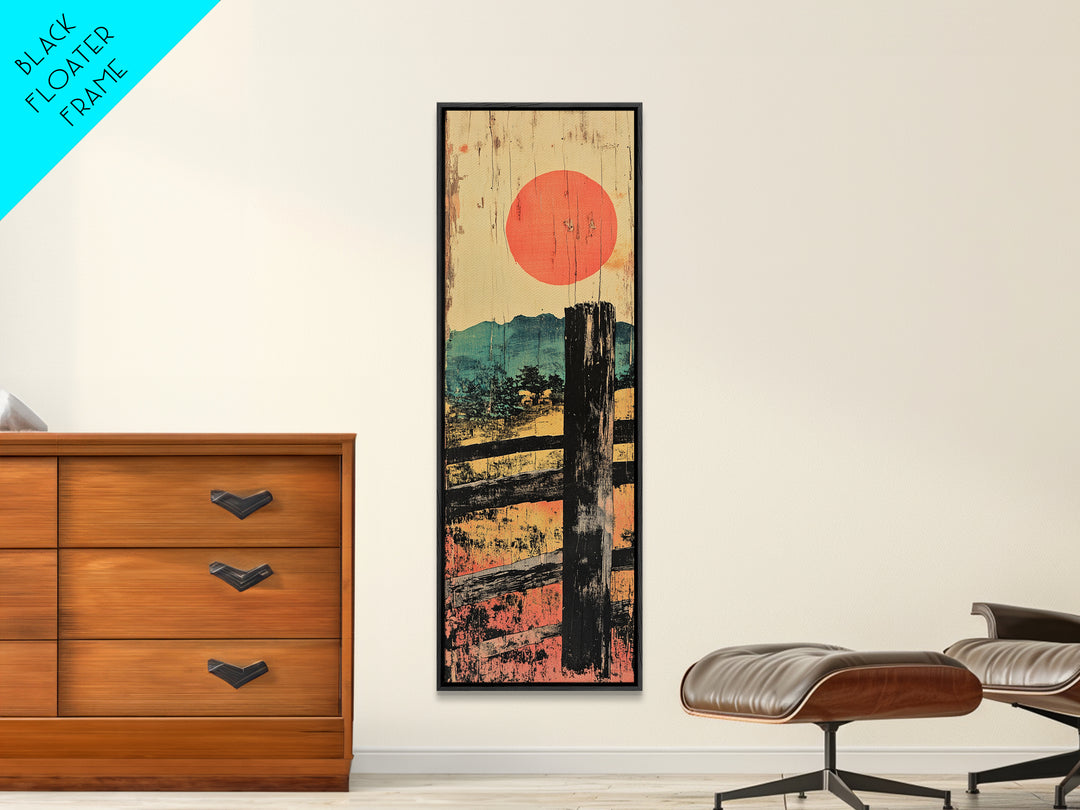 Rustic Fence And Red Sun Canvas Print, Japanese Countryside Landscape Wall Art, Japandi Decor, Earth Tone Living Room Art