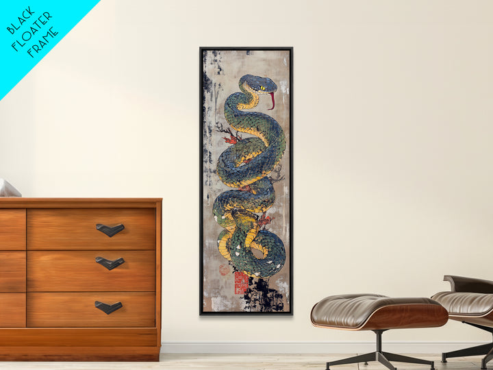 Coiled Blue Viper Snake Canvas Print, Japanese Animal Wall Art, Ukiyo-E Serpent Poster, Dark Academia Office Wall Decor Print