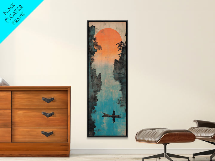Misty River Canyon With Orange Sun Wall Art, Asian Landscape Canvas Print, Serene Fisherman Boat Framed Canvas Print Wall Decor