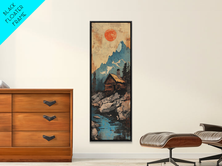 Alpine Cabin Below Blue Mountain Wall Art, Rustic Landscape Canvas Print, Red Sun Nature Decor, Framed Canvas Print For Cabin Living Room