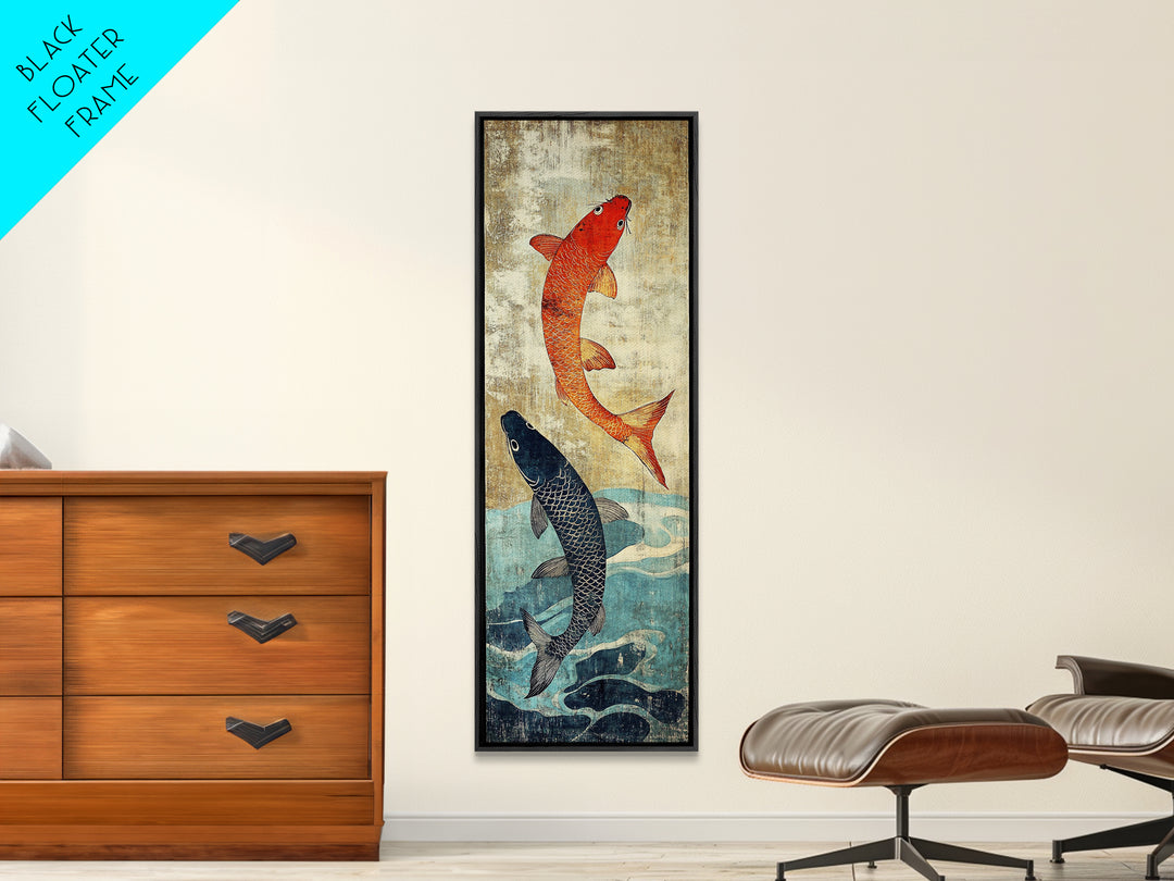 Orange And Black Koi Fish Wall Art, Japanese Koi Canvas Print, Coastal Fish Decor, Framed Canvas Print For Bathroom And Spa Decor