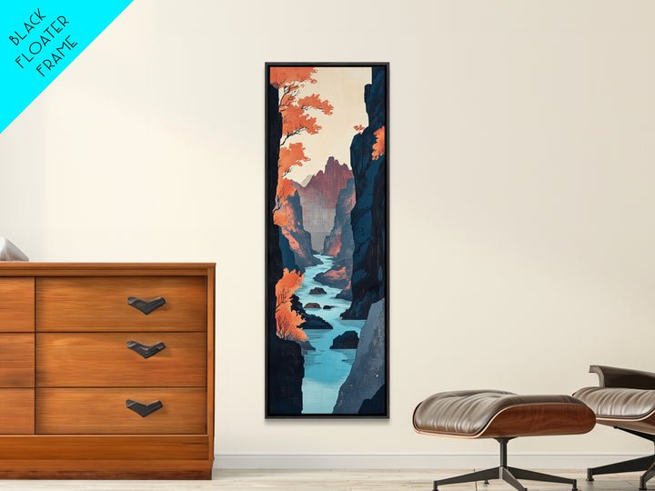 Autumn Canyon River Canvas Print, Japanese Landscape Wall Art, Orange Fall Trees, Moody Mountain Decor, Long Narrow Print