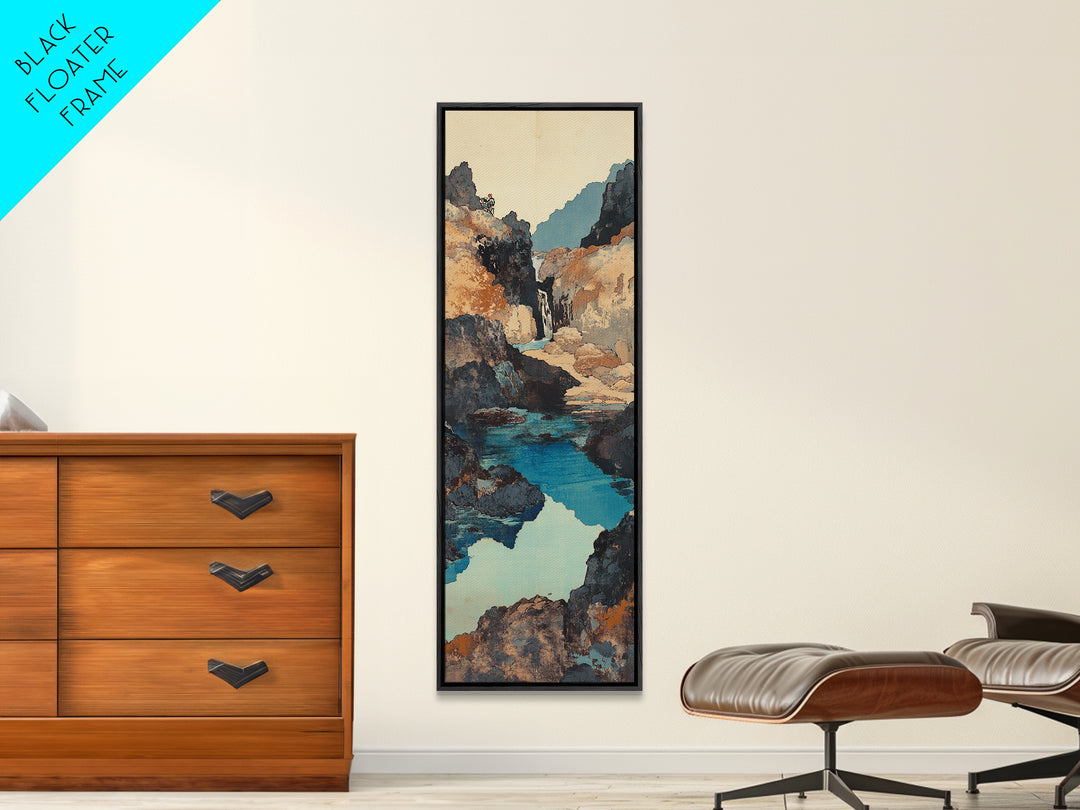 Turquoise Canyon Waterfall Framed Canvas Print, Mountain River Wall Art, Rustic Nature Decor, Japandi Long Narrow Wall Art