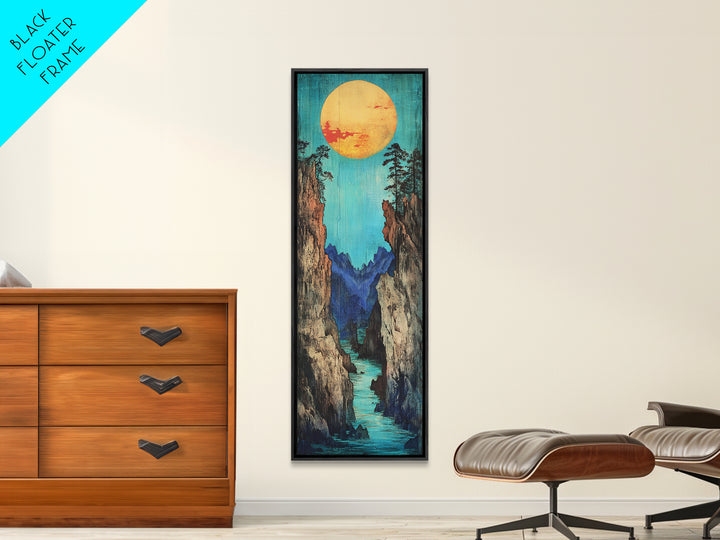 Turquoise Canyon River And Golden Sun Wall Art, Japanese Landscape Print, Japandi Wall Decor, Tall Canvas Art For Entryway