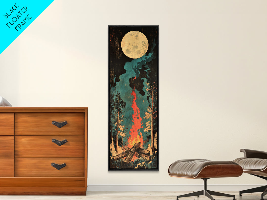 Full Moon Campfire Forest Wall Art, Dark Pine Woodland Canvas, Cozy Cabin Decor, Rustic Nature Print, Lodge Gift For Him
