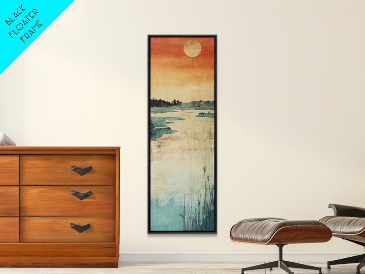 Orange Sunset Marsh Landscape Canvas Print, Minimal Japanese Seascape, Coastal Wall Art, Calm Bedroom Decor, Zen Home Decor