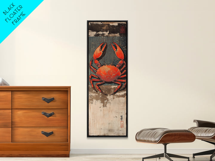 Bright Red Crab On Weathered Wood Wall Art, Nautical Japanese Seafood Print, Coastal Kitchen Decor, Beach House Canvas Print