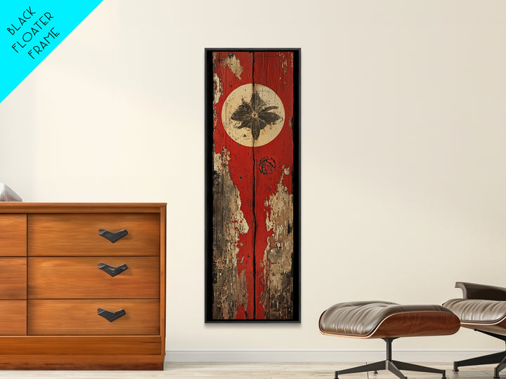 Rustic Red Door With White Sun Wall Art, Weathered Japanese Texture Print, Narrow Vertical Decor, Wabi Sabi Canvas Print