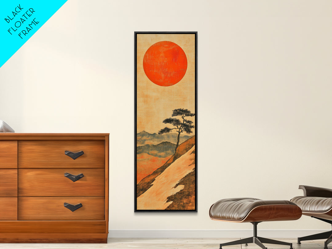 Large Red Sun Over Mountain Ridge Canvas Print, Japanese Landscape Wall Art, Earth Tone Decor, Minimalist Nature Art Print