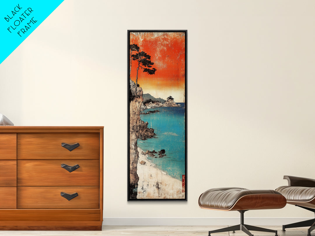 Turquoise Cove And Cliffside Sunset Large Canvas Print, Japanese Coastal Wall Art, Beach House Decor, Vibrant Ocean Art Print