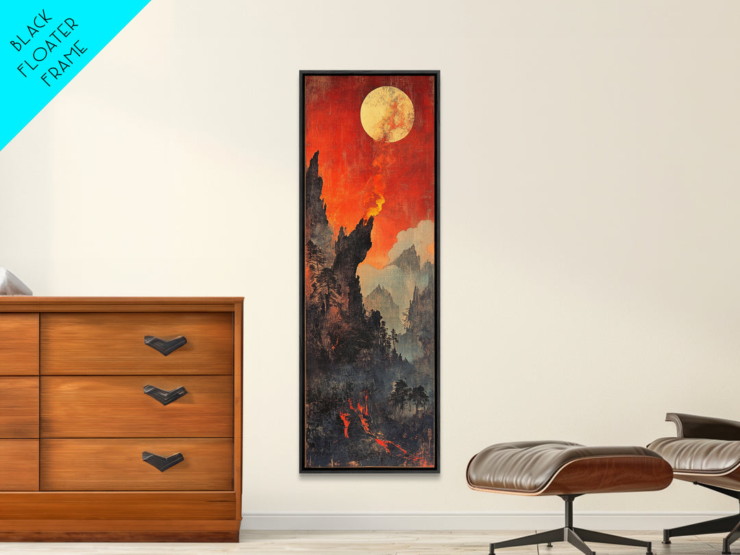 Fiery Moonlit Mountain Landscape Framed Canvas Print, Japanese Fantasy Wall Art, Moody Rustic Decor, Dramatic Nature Art