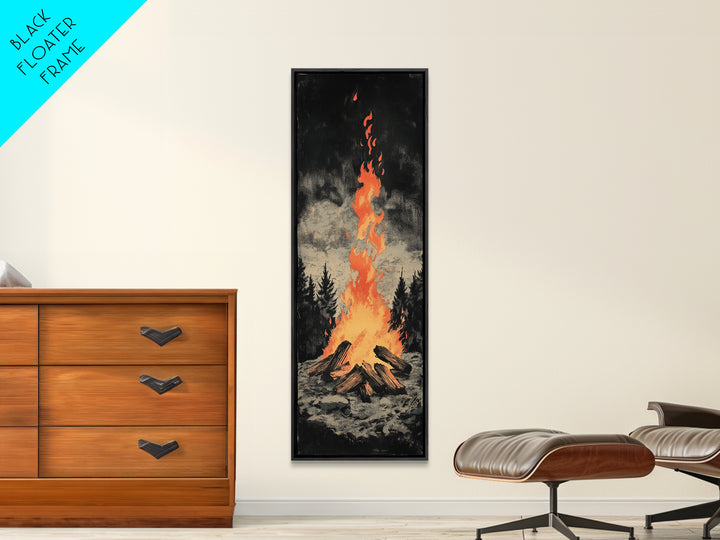 Glowing Campfire In Dark Pine Forest Framed Canvas Print, Rustic Cabin Wall Art, Cozy Lodge Decor, Moody Nature Art Print