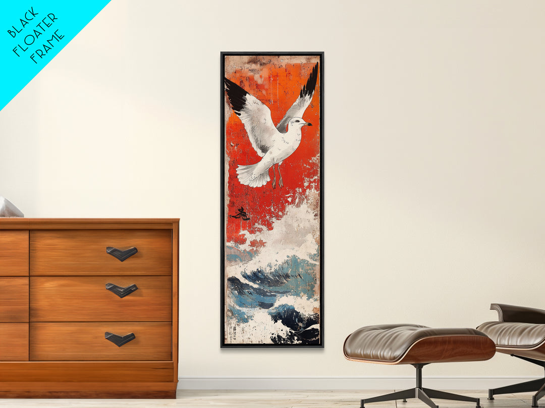 White Seagull Flying Over Ocean Waves Large Wall Art, Japanese Coastal Print, Nautical Beach House Decor, Seascape Art Print