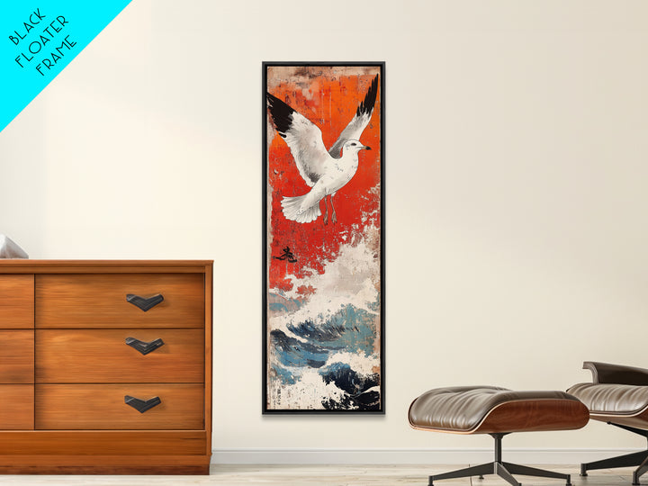 White Seagull Flying Over Ocean Waves Large Wall Art, Japanese Coastal Print, Nautical Beach House Decor, Seascape Art Print
