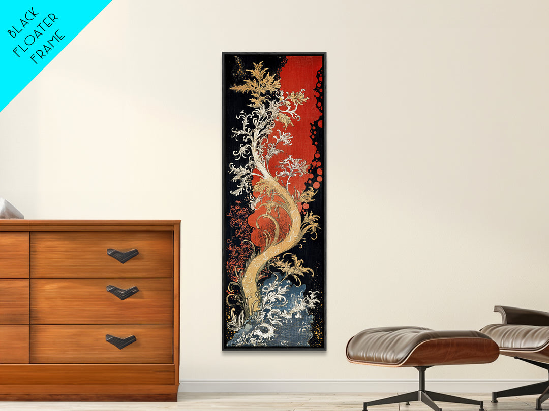 Golden Fantasy Tree With Waves Canvas Print, Art Nouveau Asian Inspired Wall Decor, Dramatic Red Black Living Room Art, Statement Artwork