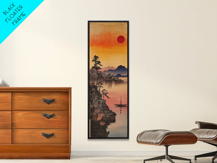Orange Sunset Lake Mountain Wall Art, Japanese Landscape Print, Serene Nature Decor For Bedroom And Living Room, Framed Canvas Print