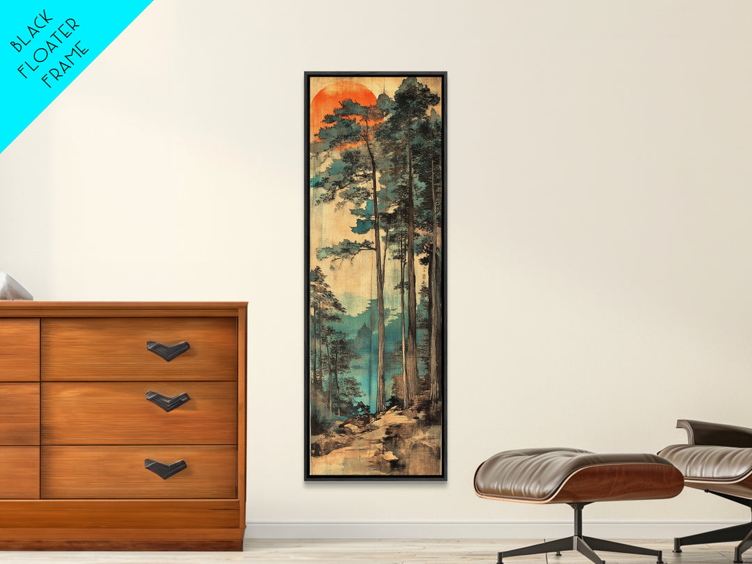 Tall Pine Forest Sunrise Wall Art, Japanese Woodblock Landscape Print, Misty Mountain Nature Decor For Living Room And Office Decor