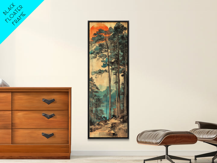 Tall Pine Forest Sunrise Wall Art, Japanese Woodblock Landscape Print, Misty Mountain Nature Decor For Living Room And Office Decor