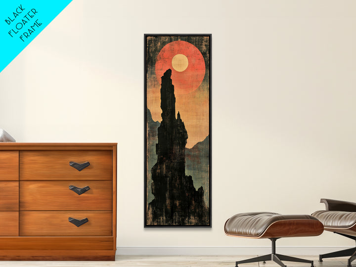 Black Rock Spire Eclipse Wall Art, Moody Japanese Mountain Landscape Print, Dark Academia Decor For Modern Living Room, Canvas Print