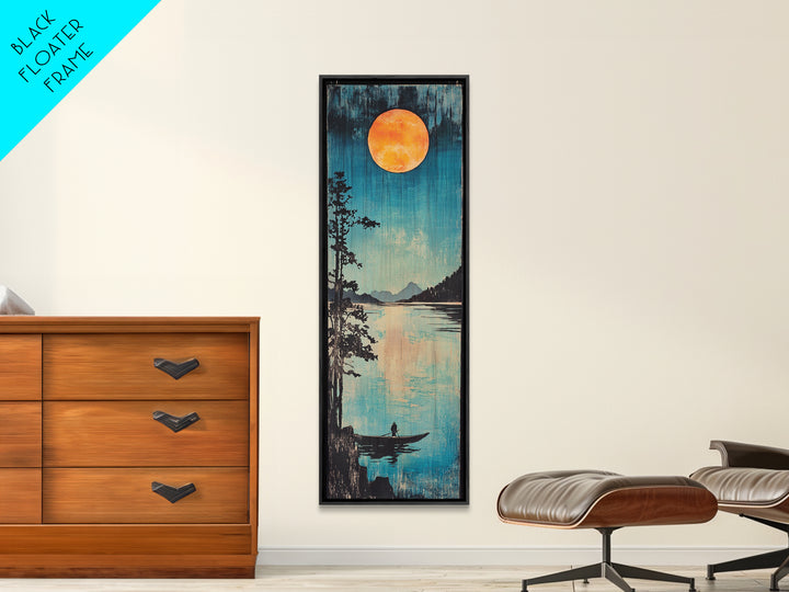 Orange Full Moon Over Mountain Lake Canvas Print, Serene Canoe Landscape Art, Japandi Wall Decor, Calming Bedroom Decor Gift