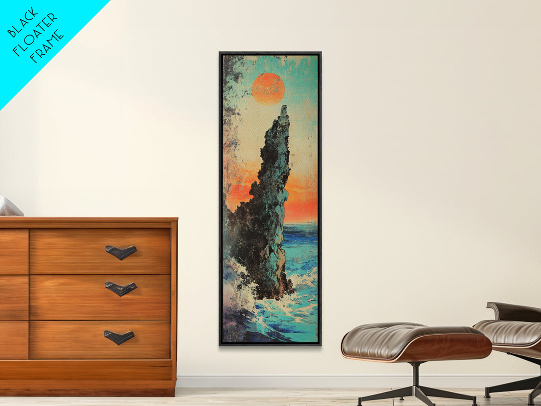 Dramatic Sea Stack At Sunset Wall Art, Japanese Coastal Landscape Print, Ocean Cliff Decor, Tall Narrow Canvas Gift, Living Room Decor