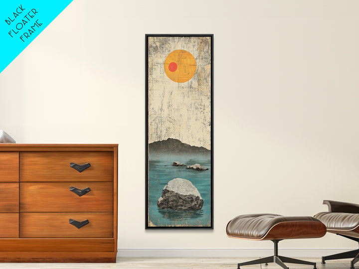 Minimal Ocean Rocks Beneath Yellow Sun Canvas Print, Japanese Seascape Wall Art, Neutral Coastal Decor, Zen Home Decor Gift