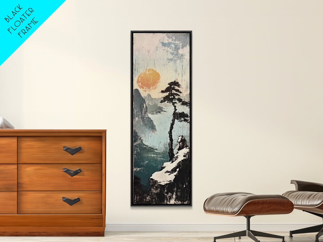 Misty Cliff Pine Lake Canvas Print, Japanese Landscape Wall Art, Neutral Nature Poster, Zen Home Decor, Office Wall Decor