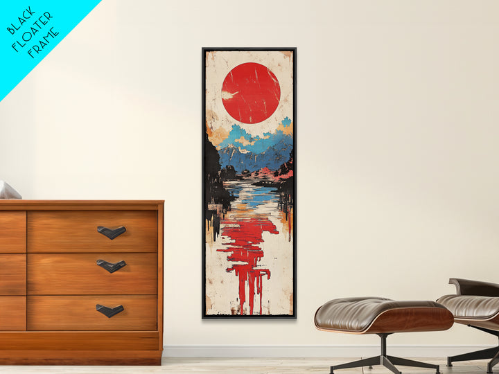 Red Sun Over Reflective Lake Wall Art, Japanese Landscape Print, Modern Coastal Decor, Serene Living Room Canvas Print, Home Decor