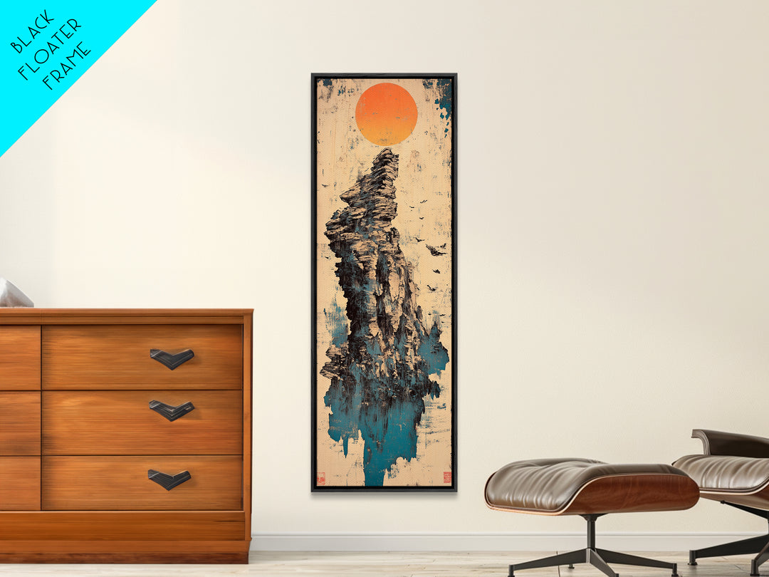 Rocky Sea Stack Under Orange Sun Wall Art, Japanese Landscape Canvas Print, Coastal Nature Decor, Minimalist Home Decor Art