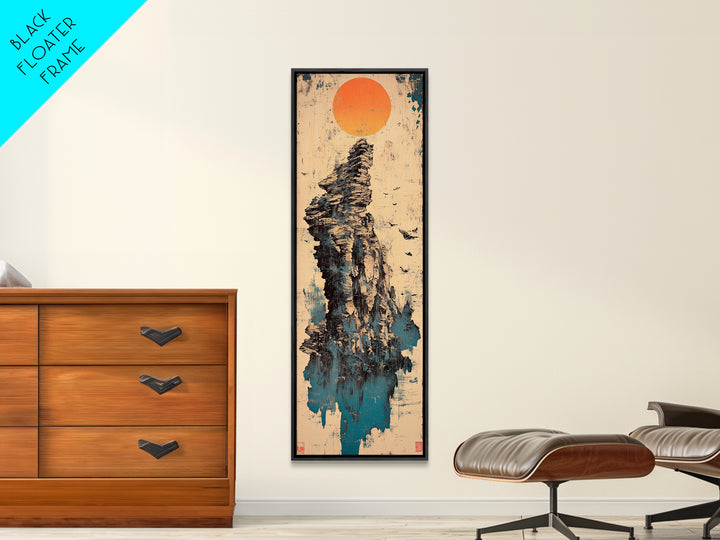 Rocky Sea Stack Under Orange Sun Wall Art, Japanese Landscape Canvas Print, Coastal Nature Decor, Minimalist Home Decor Art