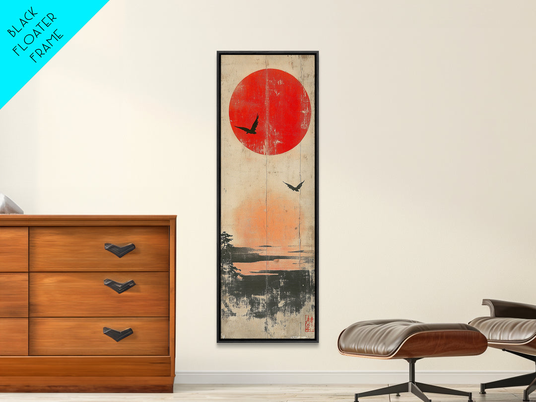 Red Sun And Birds Over Misty Lake Wall Art, Japanese Landscape Print, Minimalist Nature Decor, Serene Canvas Print, Home Decor