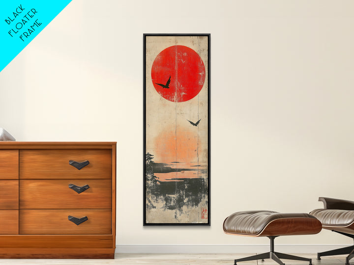 Red Sun And Birds Over Misty Lake Wall Art, Japanese Landscape Print, Minimalist Nature Decor, Serene Canvas Print, Home Decor