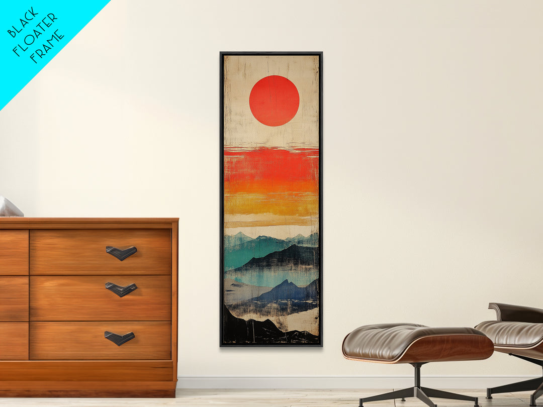 Red Sun Above Layered Blue Mountains Wall Art, Japanese Landscape Canvas Print, Mid Century Decor, Modern Living Room Art