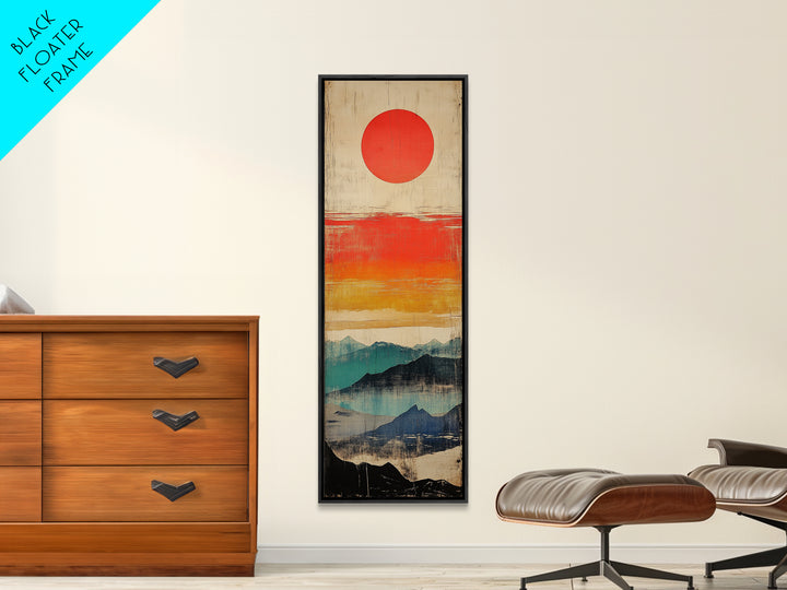 Red Sun Above Layered Blue Mountains Wall Art, Japanese Landscape Canvas Print, Mid Century Decor, Modern Living Room Art