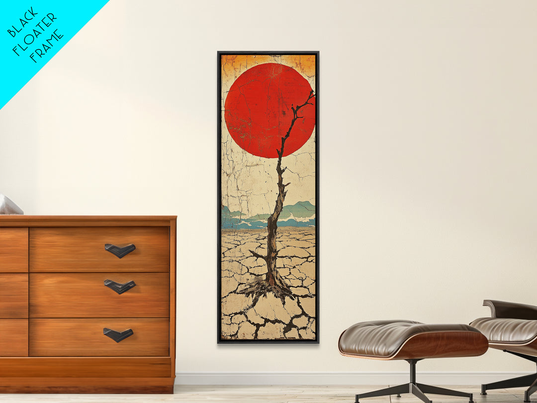 Red Sun Desert Tree Wall Art, Japanese Inspired Landscape Print, Rustic Wabi Sabi Decor, Long Narrow Canvas For Living Room