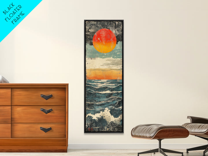 Abstract Ocean Sunset Wall Art, Red Sun Seascape Print, Coastal Wall Decor, Textured Wave Poster For Beach House Living Room