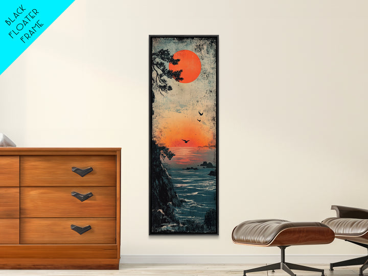 Coastal Cliff Red Sun Framed Canvas Print, Japanese Seascape Wall Art, Moody Ocean Decor, Bird Poster For Bedroom Or Office