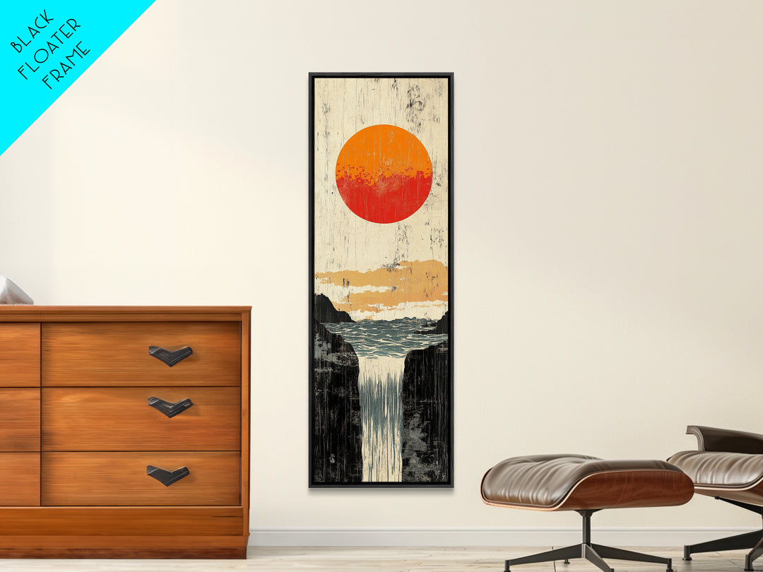 Orange Sun Waterfall Canvas Print, Japanese Cliff Landscape Wall Decor, Nature Poster, Wabi Sabi Art For Bathroom Or Office