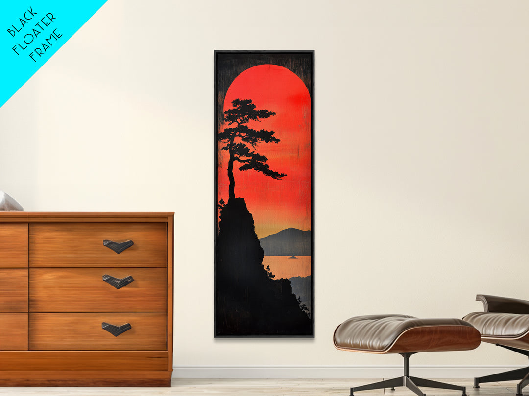 Pine Silhouette Red Sun Wall Art, Japanese Lake Landscape Print, Moody Nature Decor, Long Narrow Canvas For Modern Living Room